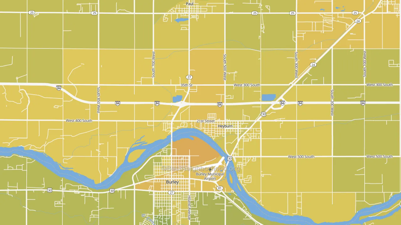 Map of the best neighborhoods in the Heyburn area, with better matches in green and worse matches in red