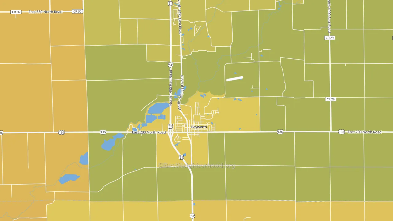 Map of the best neighborhoods in the Heyworth area, with better matches in green and worse matches in red