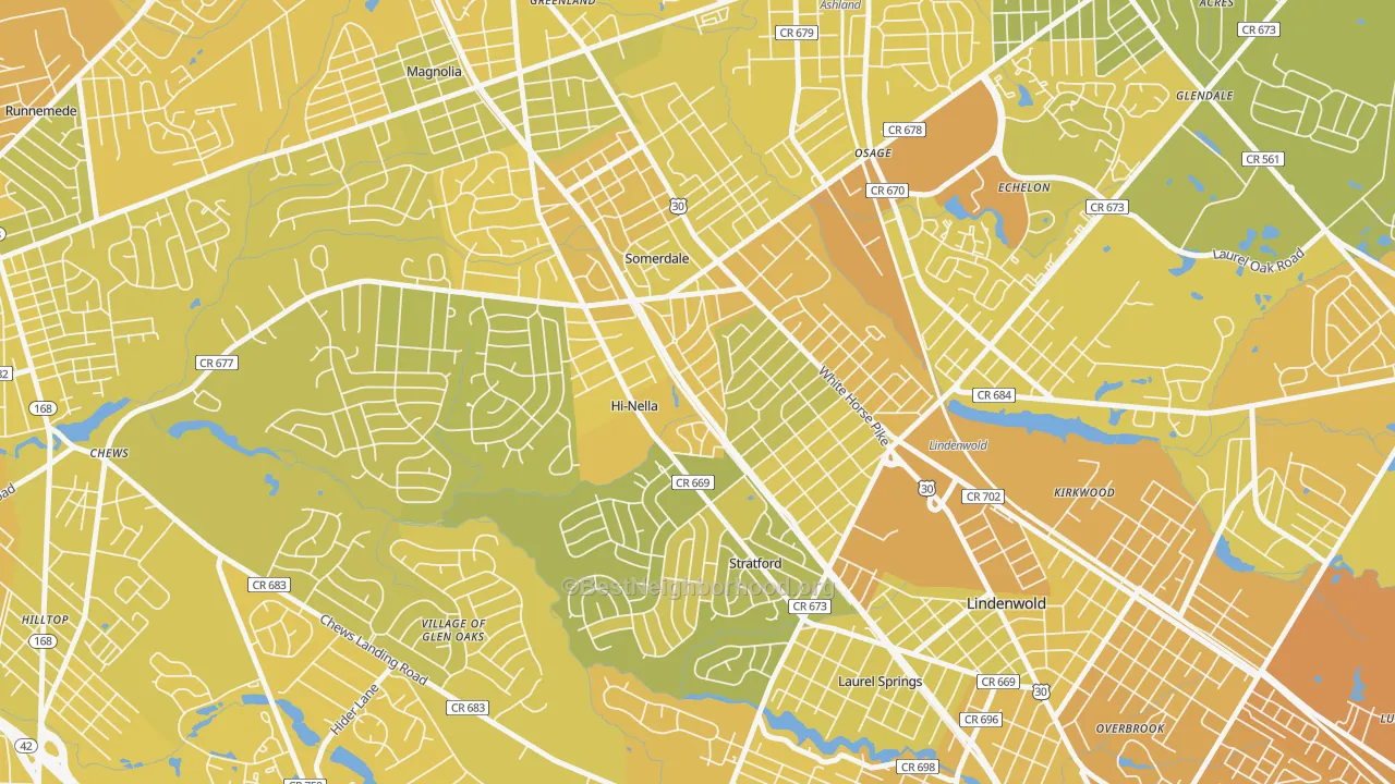 Map of the best neighborhoods in the Hi-Nella area, with better matches in green and worse matches in red
