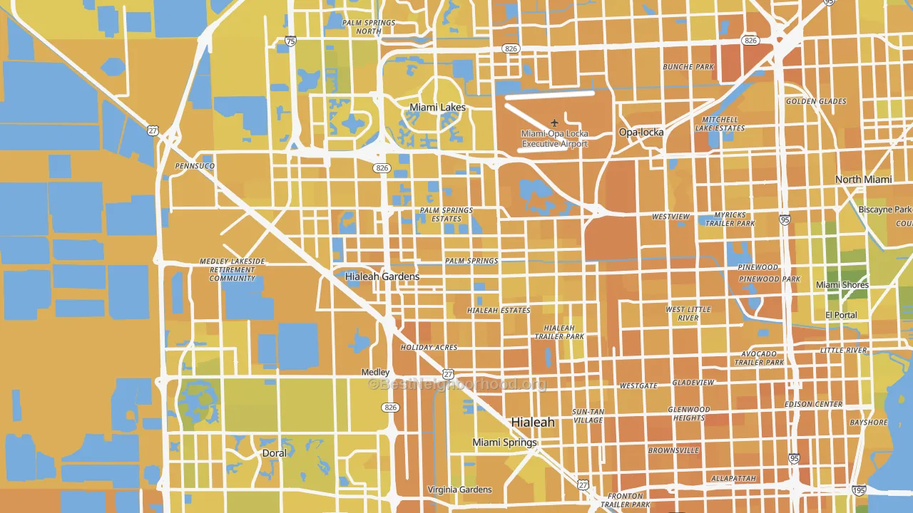 Map of the best neighborhoods in the Hialeah area, with better matches in green and worse matches in red