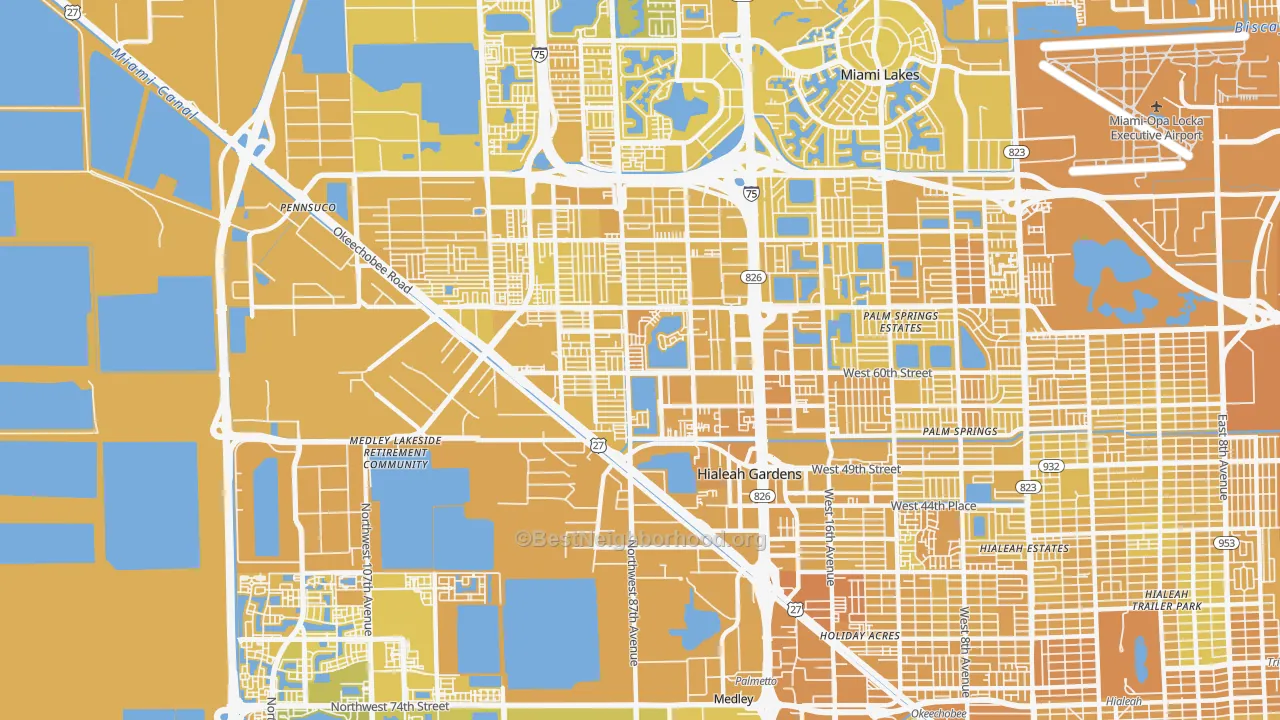 Map of the best neighborhoods in the Hialeah Gardens area, with better matches in green and worse matches in red