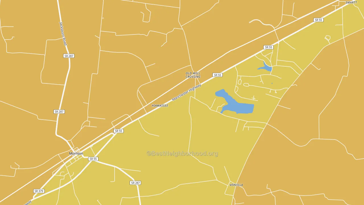 Map of the best neighborhoods in the Hiawassee area, with better matches in green and worse matches in red