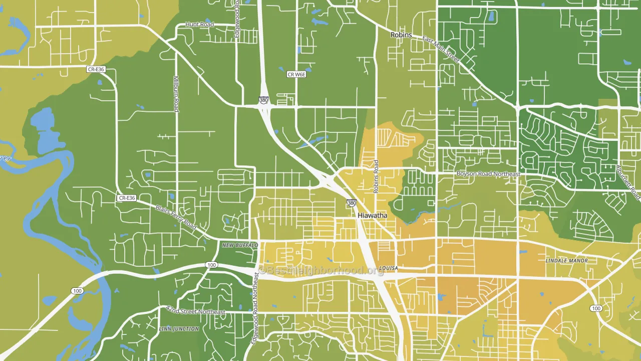 Map of the best neighborhoods in the Hiawatha area, with better matches in green and worse matches in red