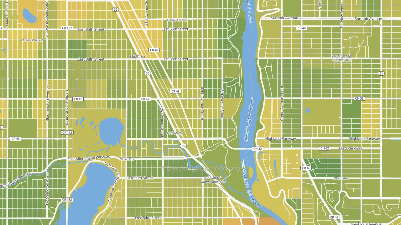 Map of the best neighborhoods in the Hiawatha, Minneapolis area, with better matches in green and worse matches in red