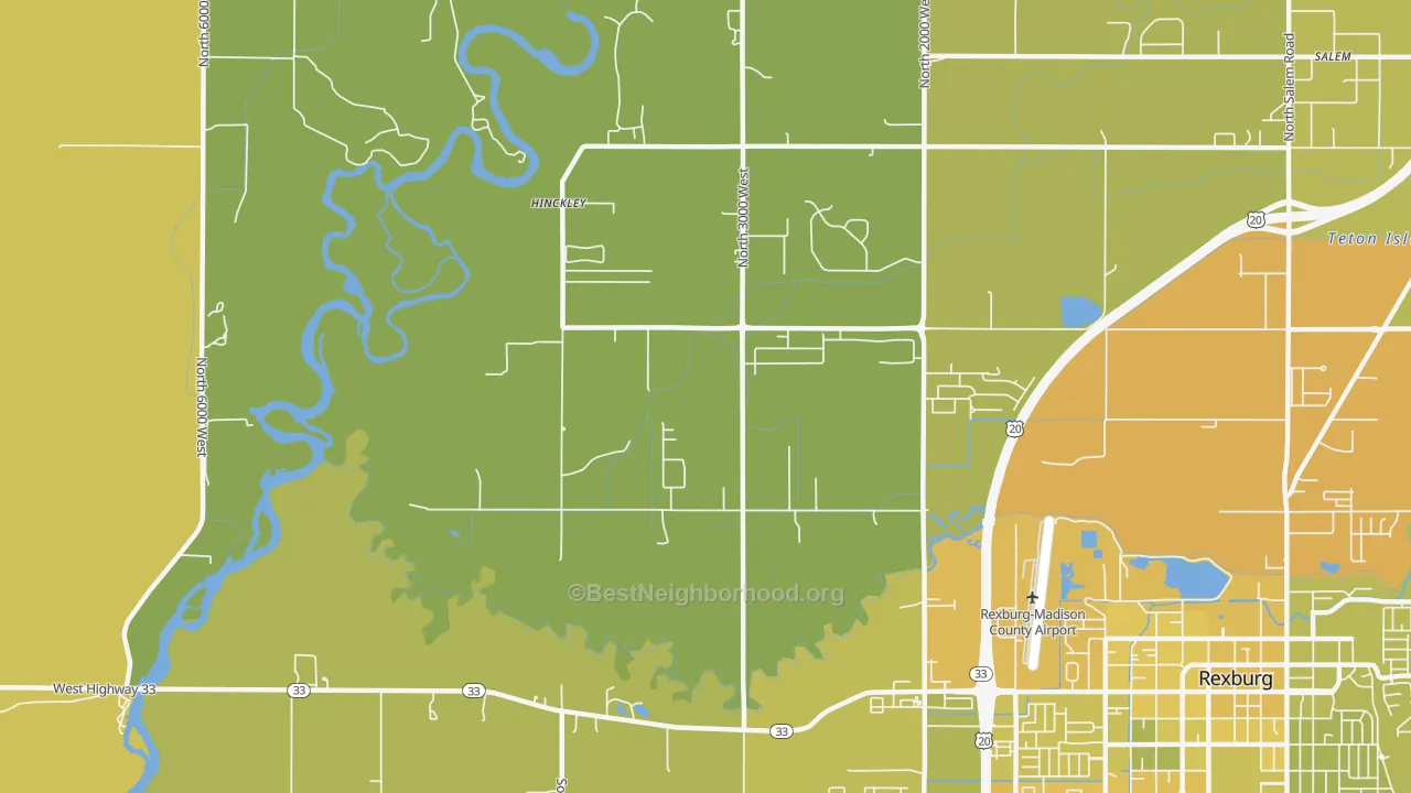 Map of the best neighborhoods in the Hibbard area, with better matches in green and worse matches in red