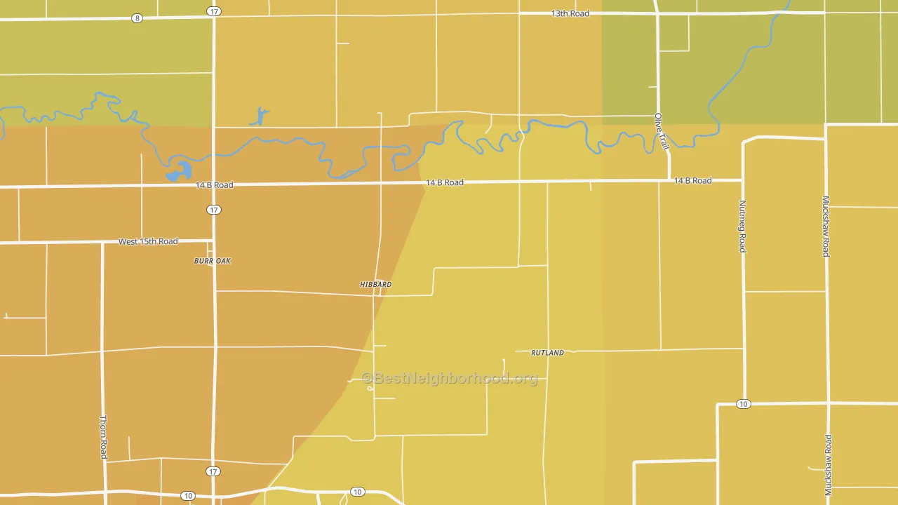 Map of the best neighborhoods in the Hibbard area, with better matches in green and worse matches in red