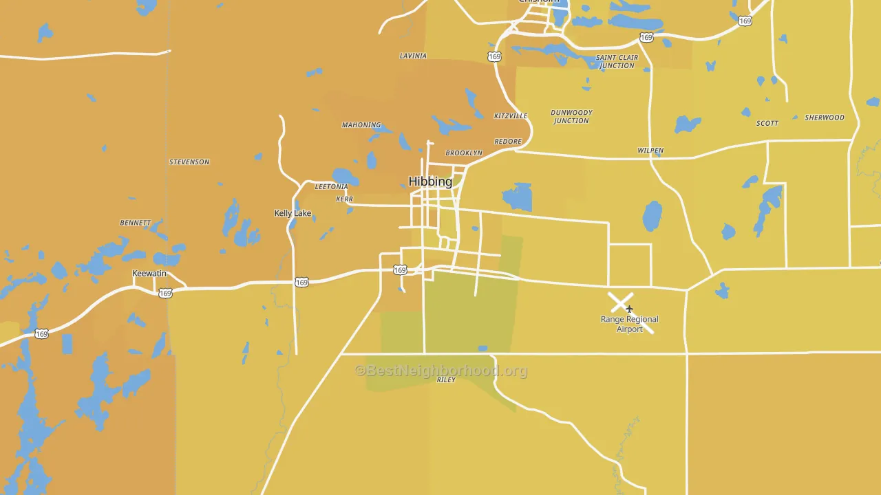 Map of the best neighborhoods in the Hibbing area, with better matches in green and worse matches in red