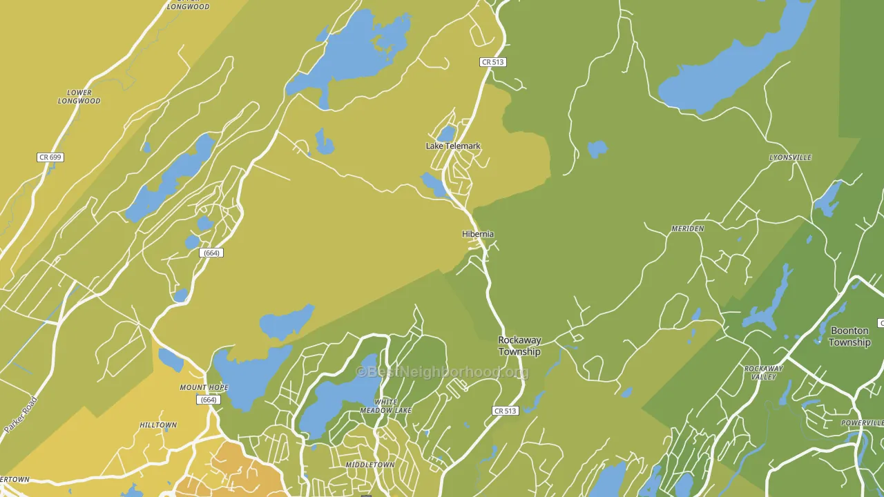 Map of the best neighborhoods in the Hibernia area, with better matches in green and worse matches in red