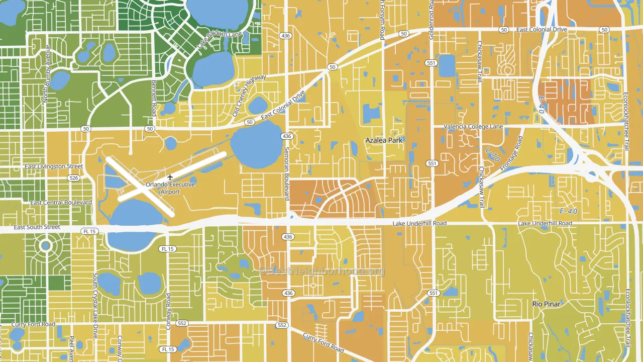 Map of the best neighborhoods in the Hibiscus, Azalea Park area, with better matches in green and worse matches in red