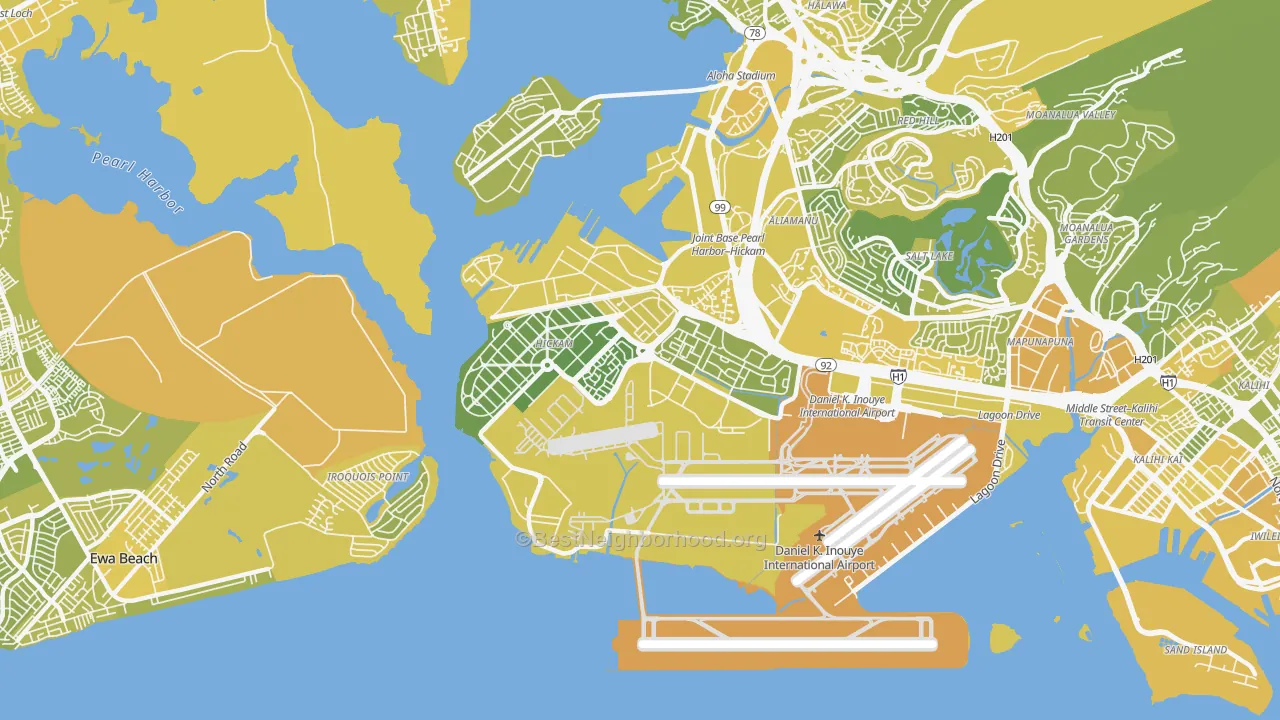 Map of the best neighborhoods in the Hickam Housing area, with better matches in green and worse matches in red