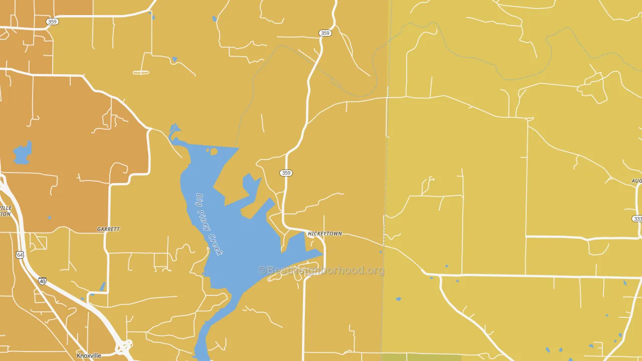 Map of the best neighborhoods in the Hickeytown area, with better matches in green and worse matches in red