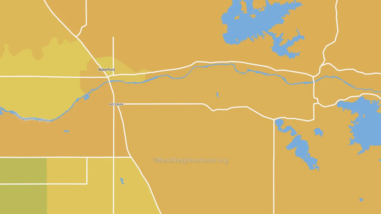 Map of the best neighborhoods in the Hickman area, with better matches in green and worse matches in red