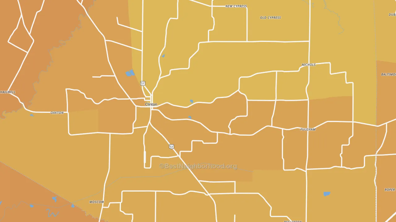 Map of the best neighborhoods in the Hickman County area, with better matches in green and worse matches in red