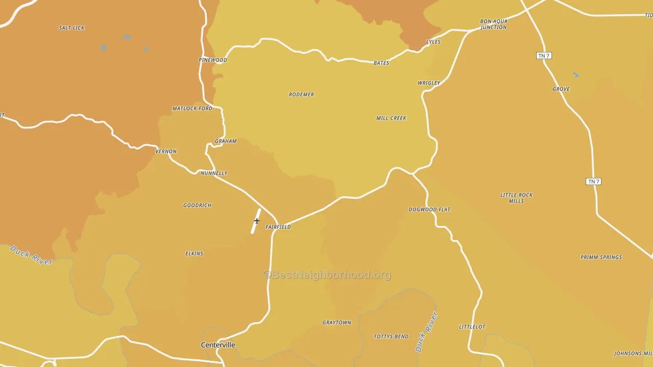 Map of the best neighborhoods in the Hickman County area, with better matches in green and worse matches in red