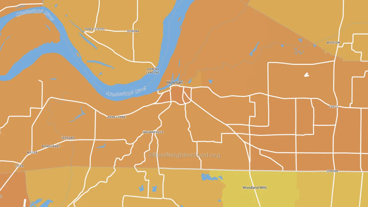 Map of the best neighborhoods in the Hickman area, with better matches in green and worse matches in red