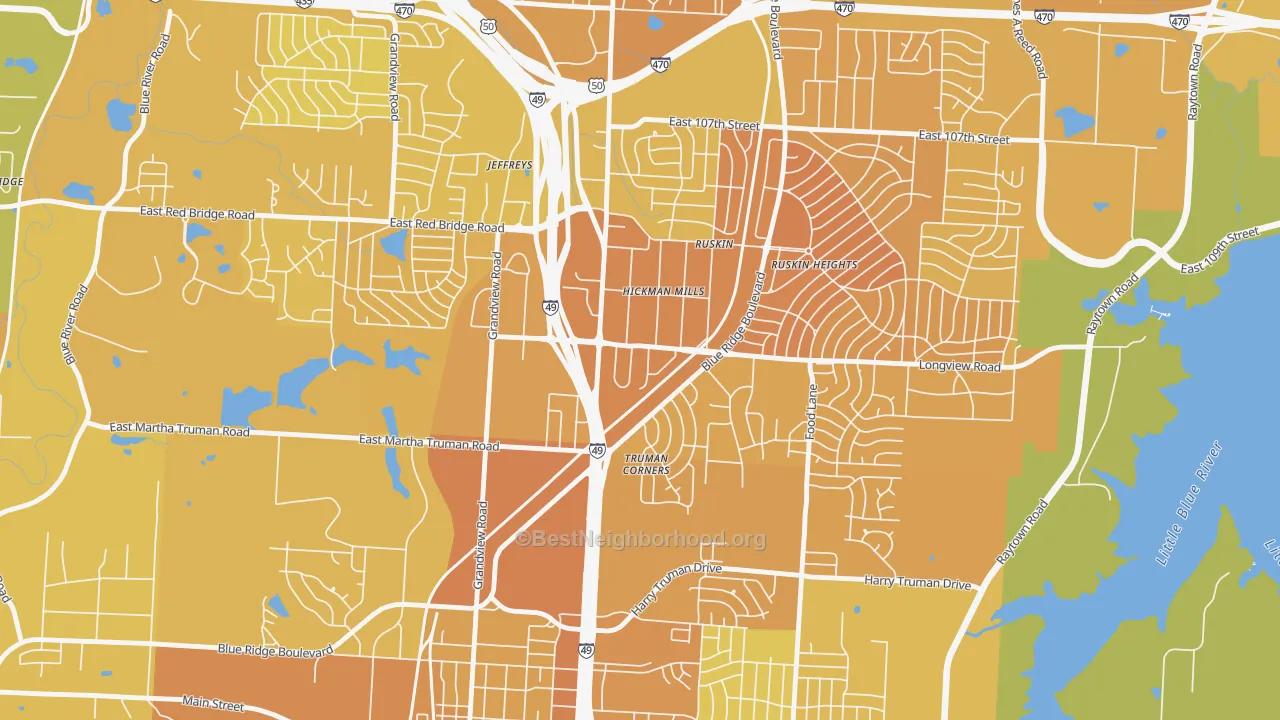 Map of the best neighborhoods in the Hickman Mills, Kansas City area, with better matches in green and worse matches in red