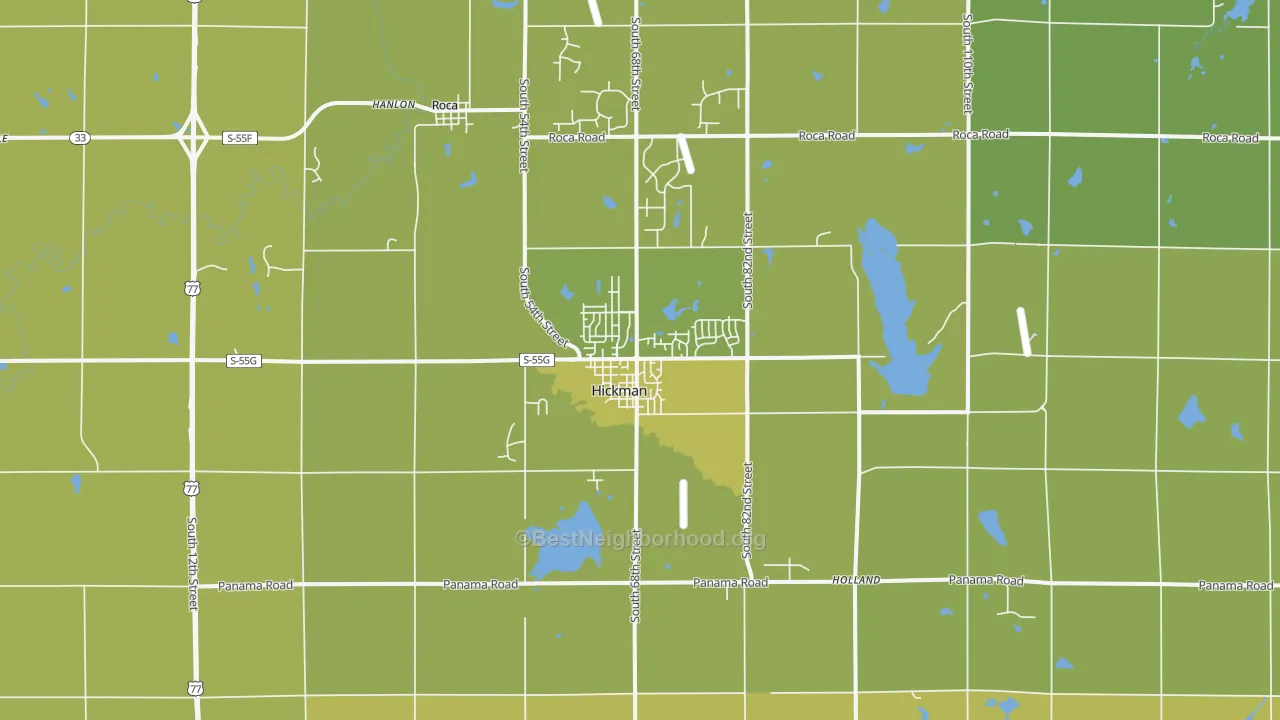 Map of the best neighborhoods in the Hickman area, with better matches in green and worse matches in red