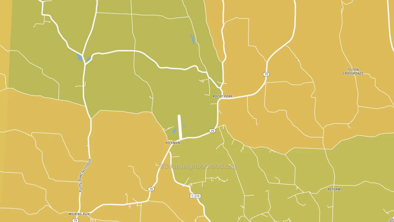 Map of the best neighborhoods in the Hickman area, with better matches in green and worse matches in red