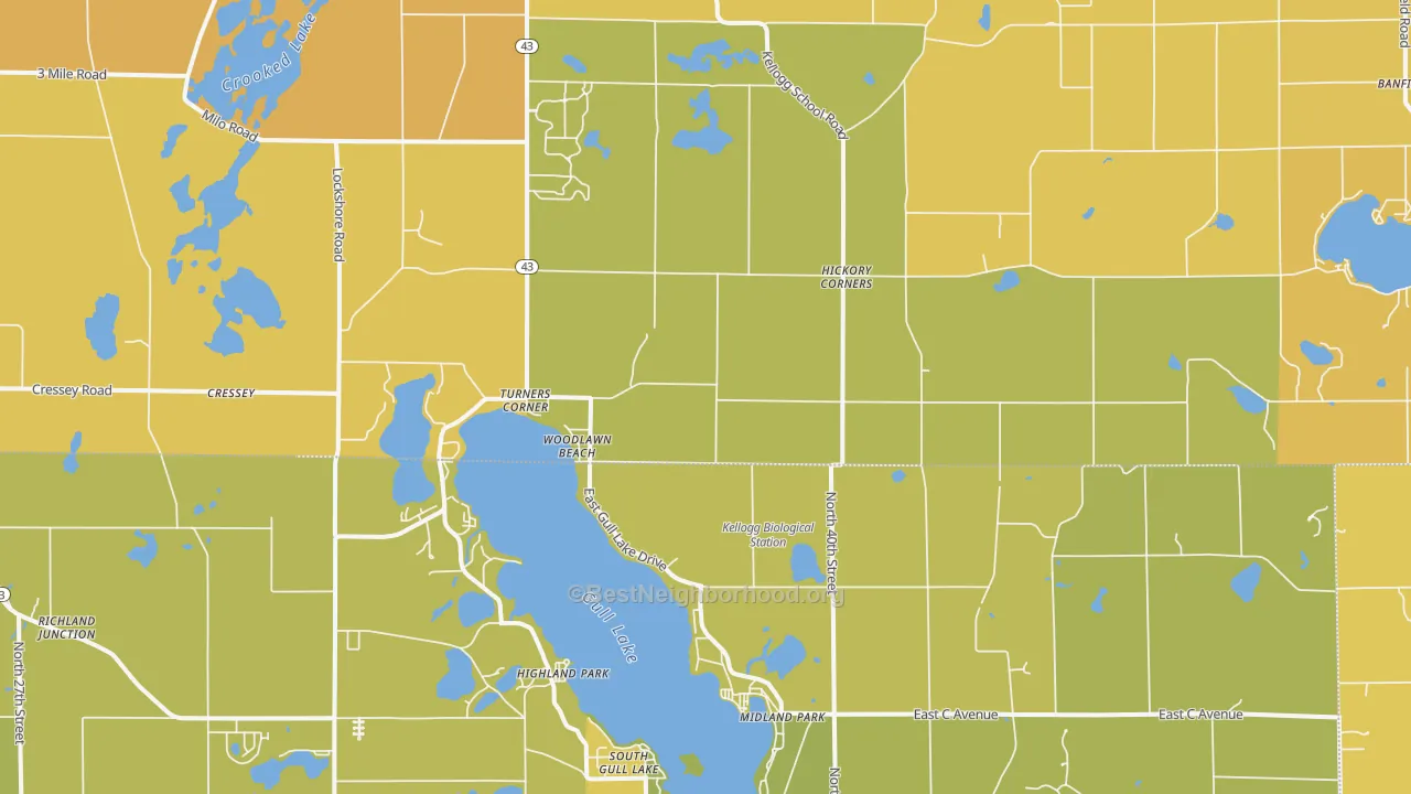 Map of the best neighborhoods in the Hickory Corners area, with better matches in green and worse matches in red