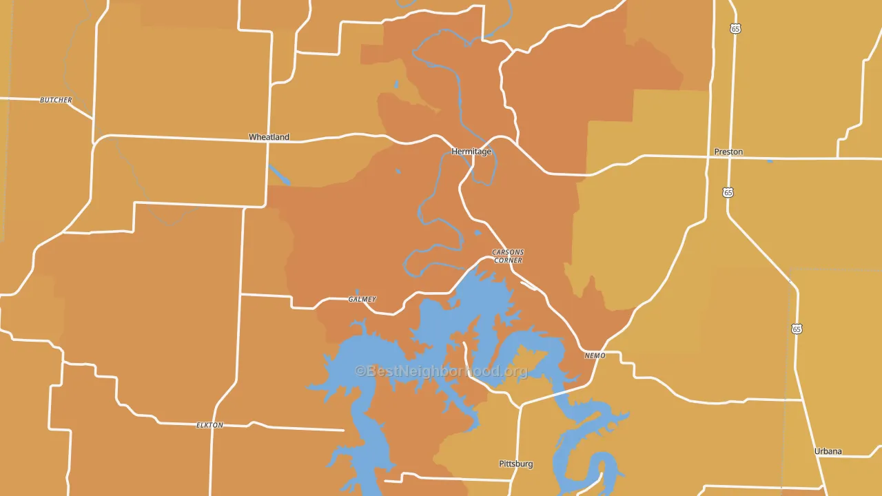 Map of the best neighborhoods in the Hickory County area, with better matches in green and worse matches in red