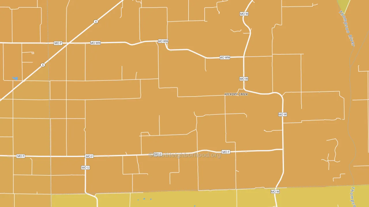 Map of the best neighborhoods in the Hickory Creek area, with better matches in green and worse matches in red