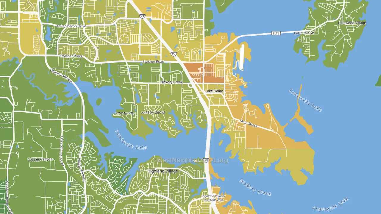 Map of the best neighborhoods in the Hickory Creek area, with better matches in green and worse matches in red