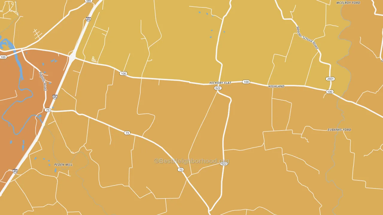 Map of the best neighborhoods in the Hickory Flat area, with better matches in green and worse matches in red