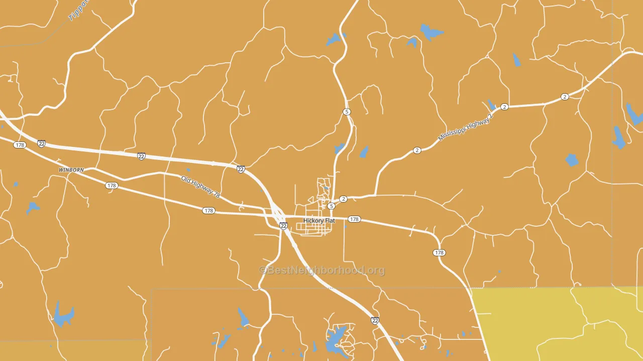 Map of the best neighborhoods in the Hickory Flat area, with better matches in green and worse matches in red