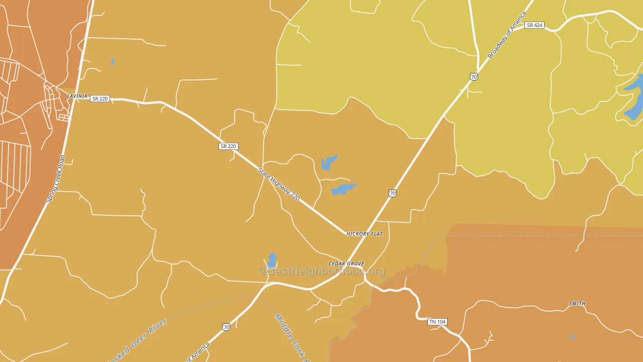 Map of the best neighborhoods in the Hickory Flat area, with better matches in green and worse matches in red
