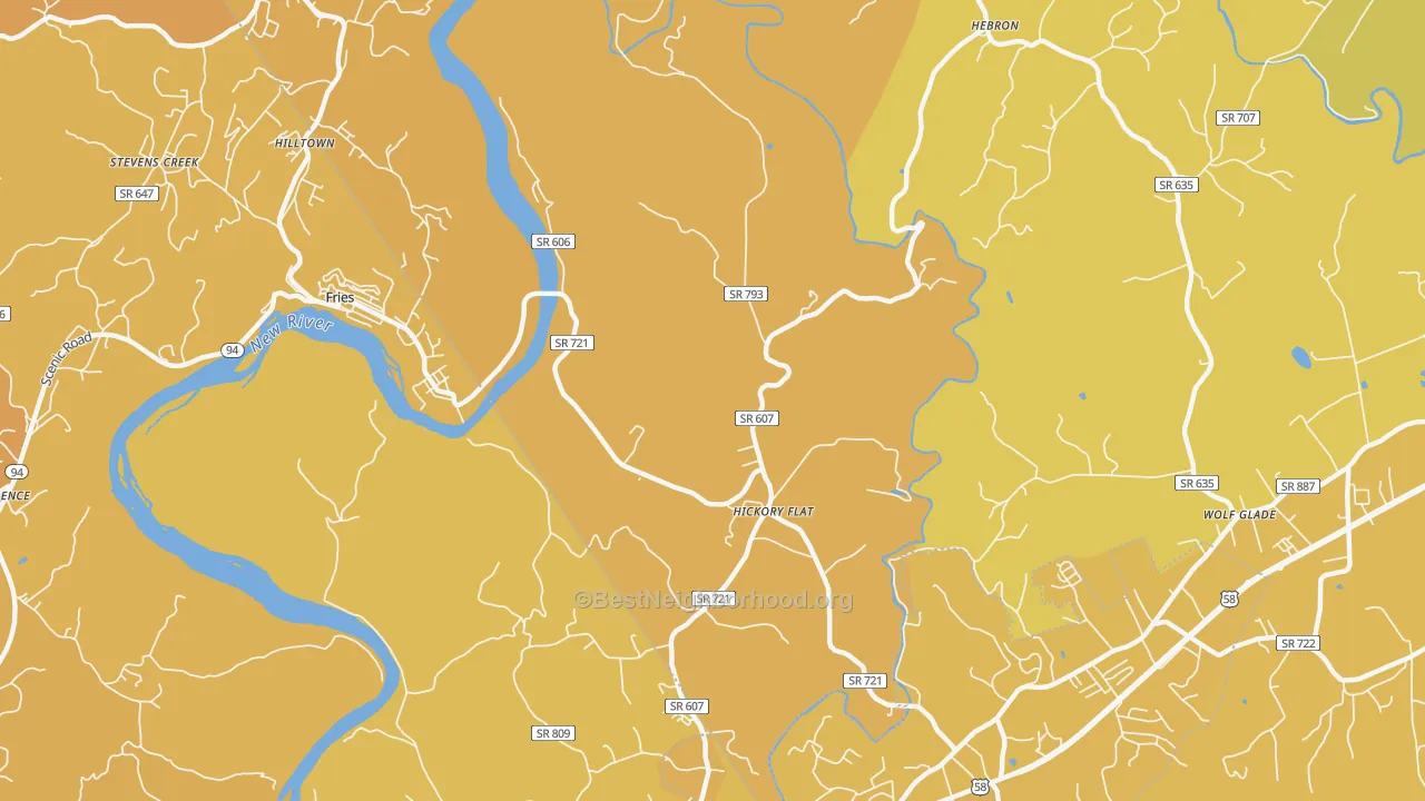 Map of the best neighborhoods in the Hickory Flat area, with better matches in green and worse matches in red