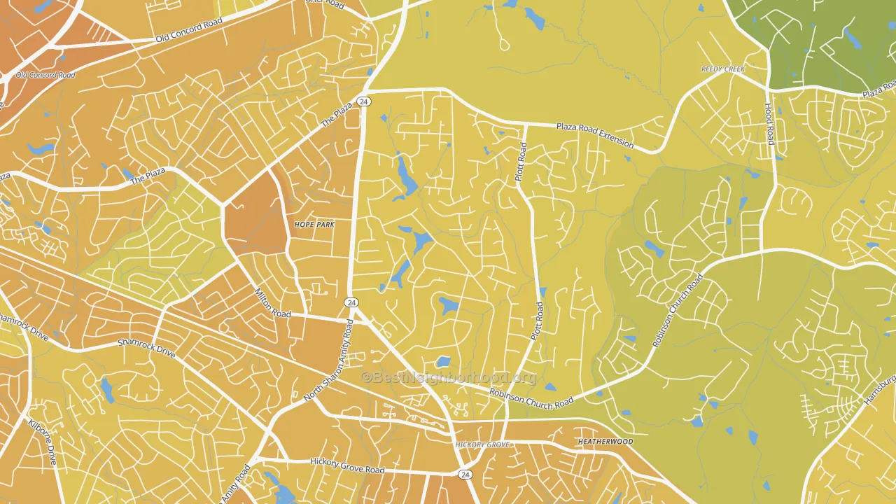 Map of the best neighborhoods in the Hickory Grove, Charlotte area, with better matches in green and worse matches in red
