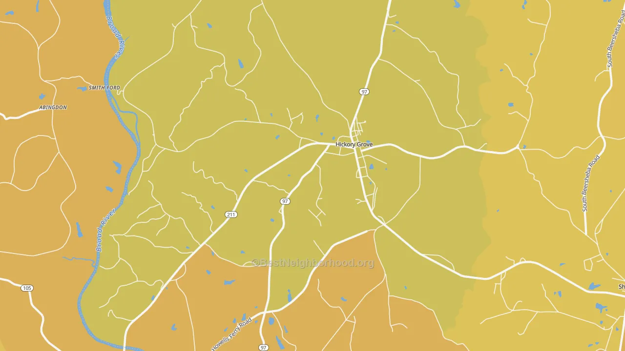 Map of the best neighborhoods in the Hickory Grove area, with better matches in green and worse matches in red