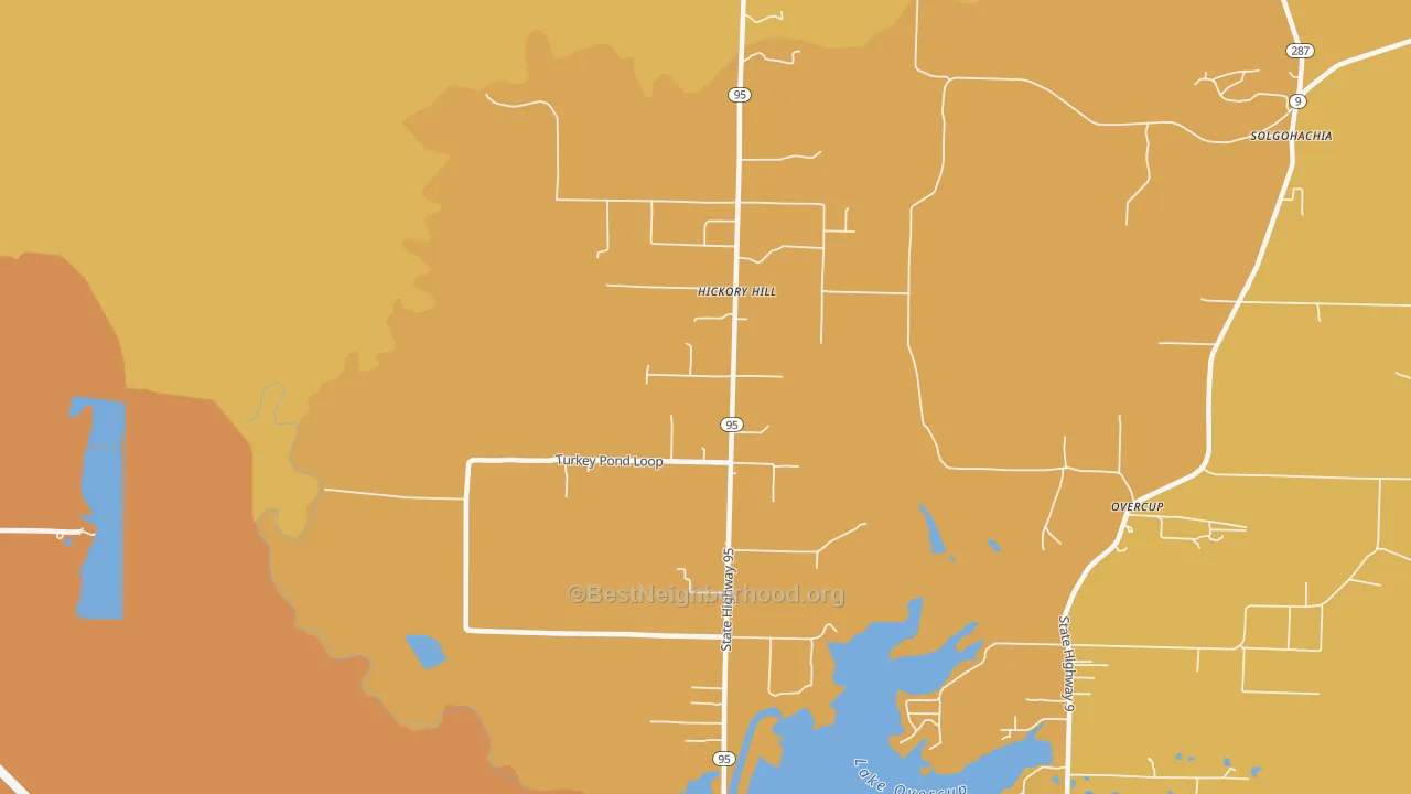 Map of the best neighborhoods in the Hickory Hill area, with better matches in green and worse matches in red