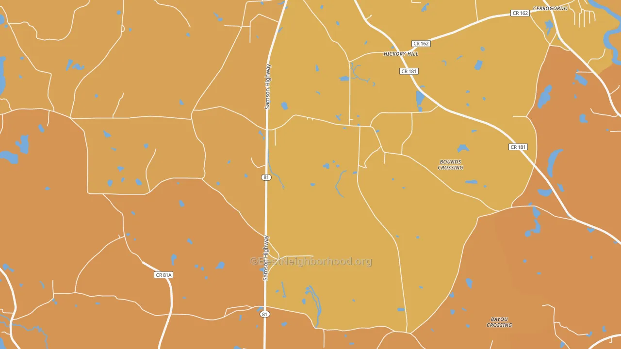 Map of the best neighborhoods in the Hickory Hill area, with better matches in green and worse matches in red
