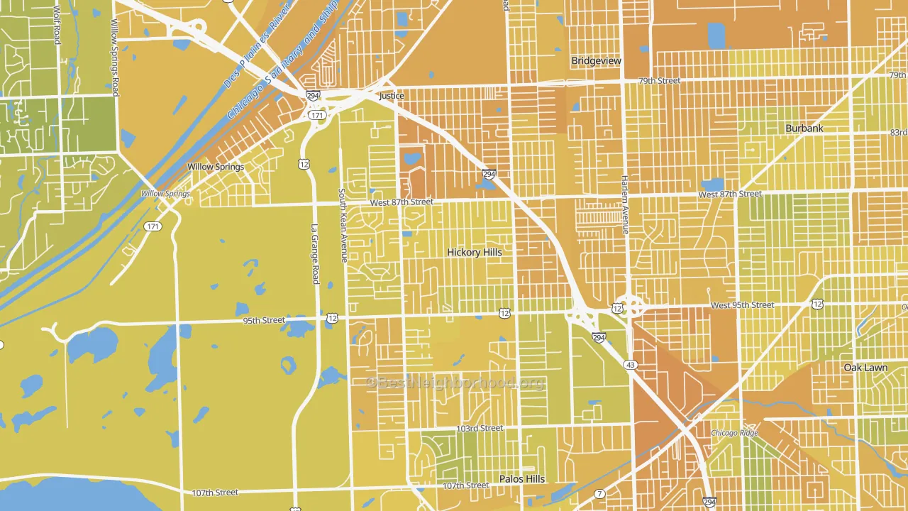 Map of the best neighborhoods in the Hickory Hills area, with better matches in green and worse matches in red