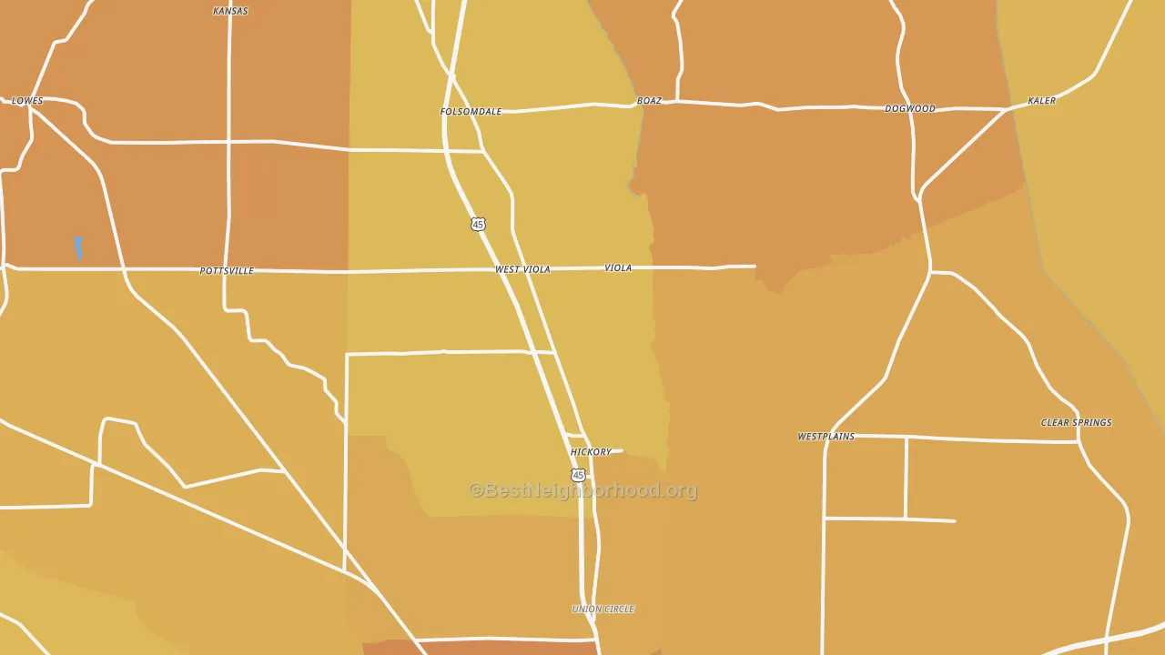 Map of the best neighborhoods in the Hickory area, with better matches in green and worse matches in red