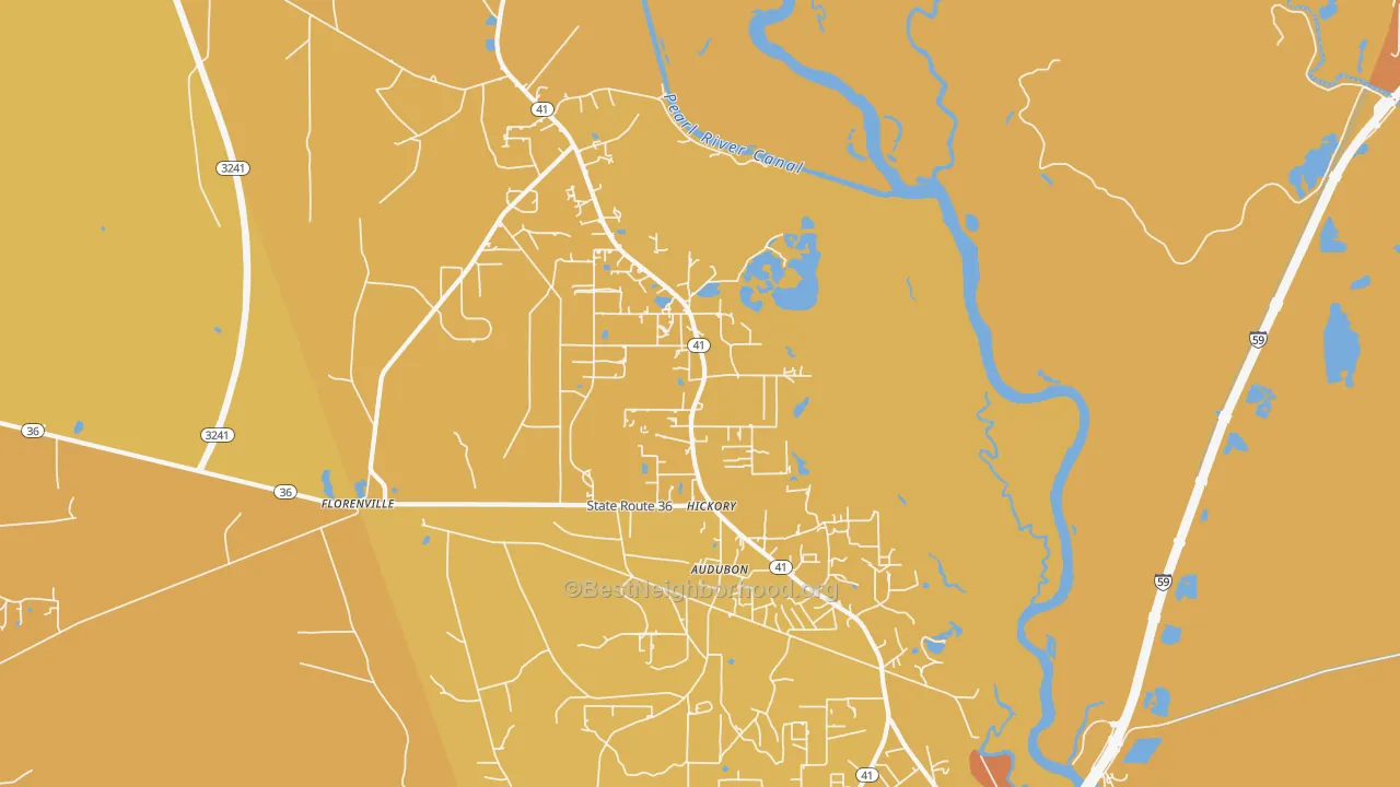 Map of the best neighborhoods in the Hickory area, with better matches in green and worse matches in red