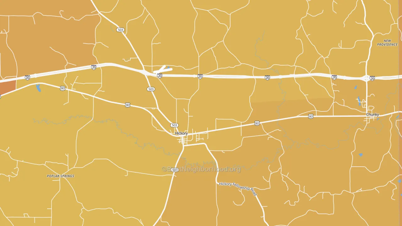 Map of the best neighborhoods in the Hickory area, with better matches in green and worse matches in red