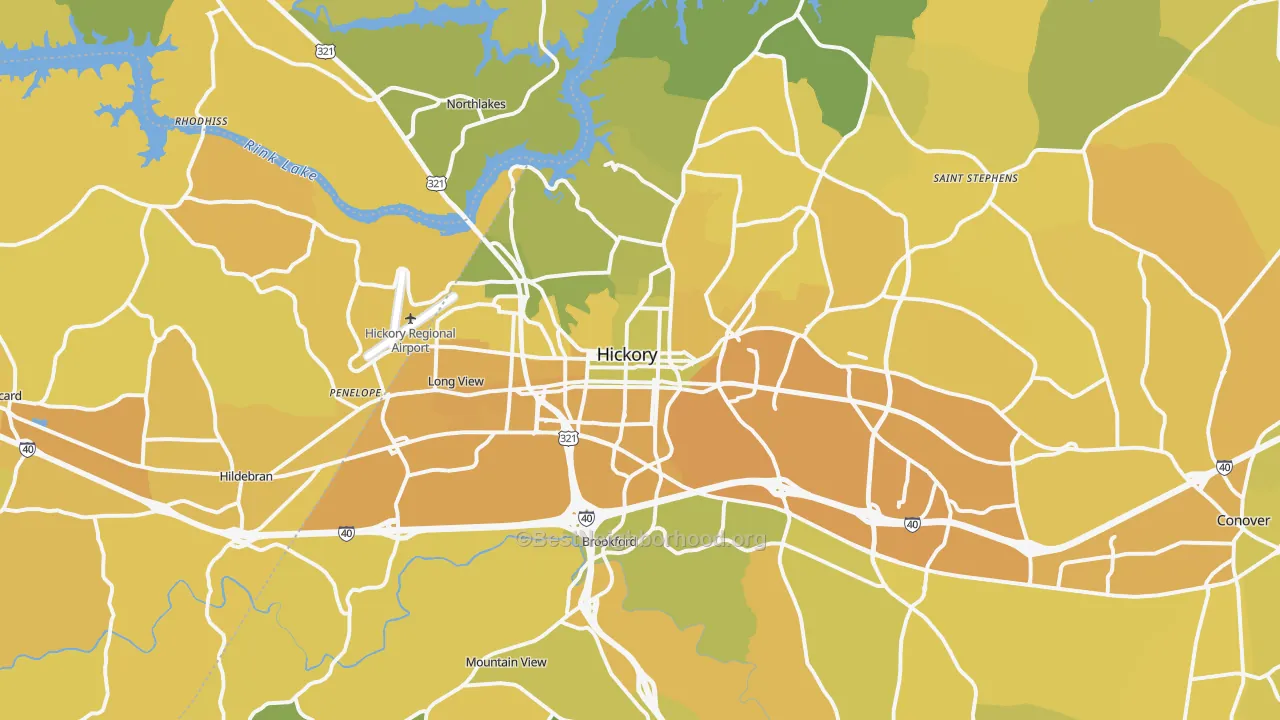 Map of the best neighborhoods in the Hickory Metro area, with better matches in green and worse matches in red