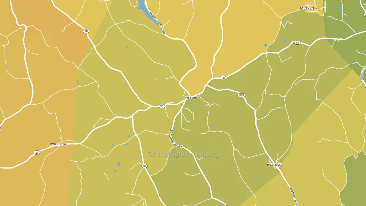 Map of the best neighborhoods in the Hickory area, with better matches in green and worse matches in red