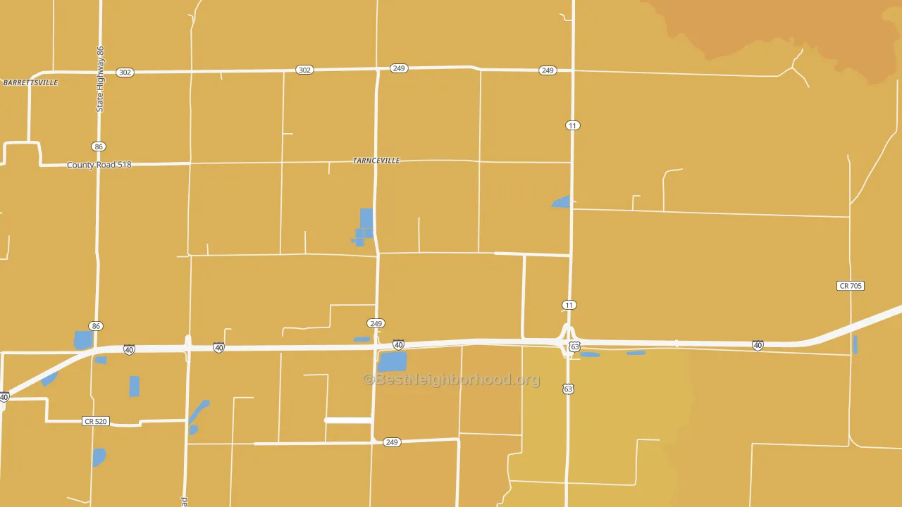 Map of the best neighborhoods in the Hickory Plains area, with better matches in green and worse matches in red