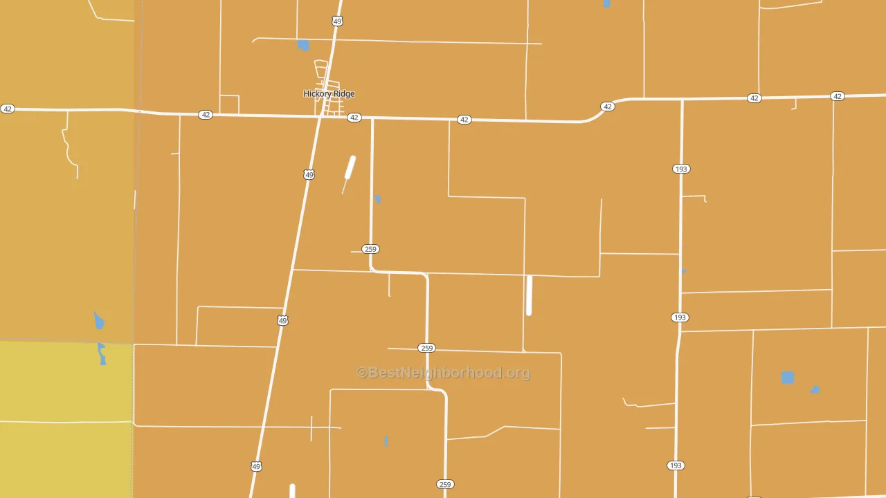 Map of the best neighborhoods in the Hickory Ridge area, with better matches in green and worse matches in red