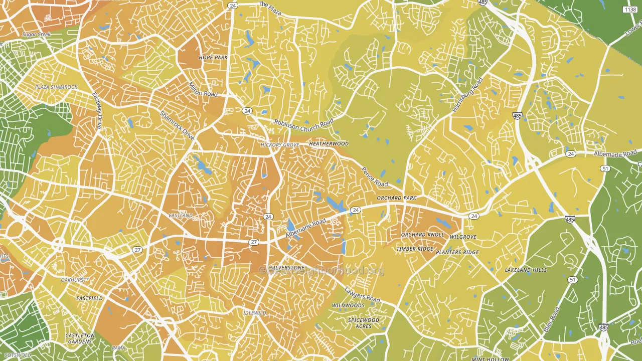 Map of the best neighborhoods in the Hickory Ridge, Charlotte area, with better matches in green and worse matches in red