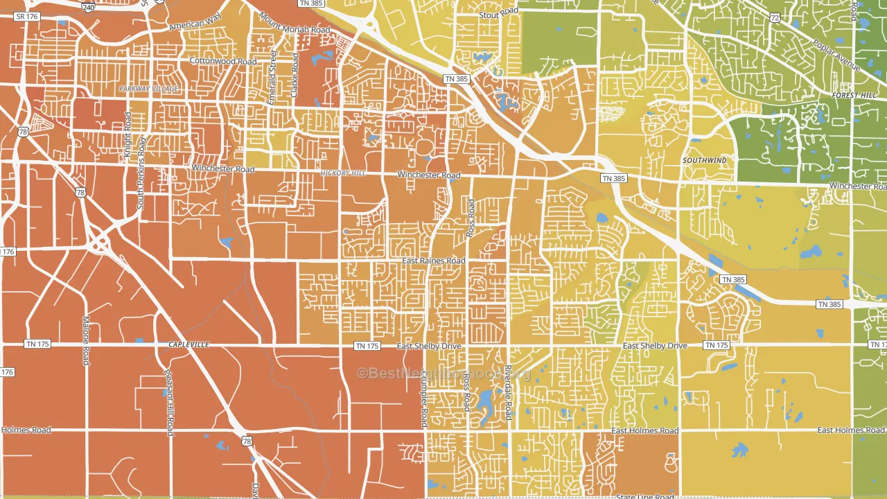 Map of the best neighborhoods in the Hickory Ridge-South Riverdale, Memphis area, with better matches in green and worse matches in red