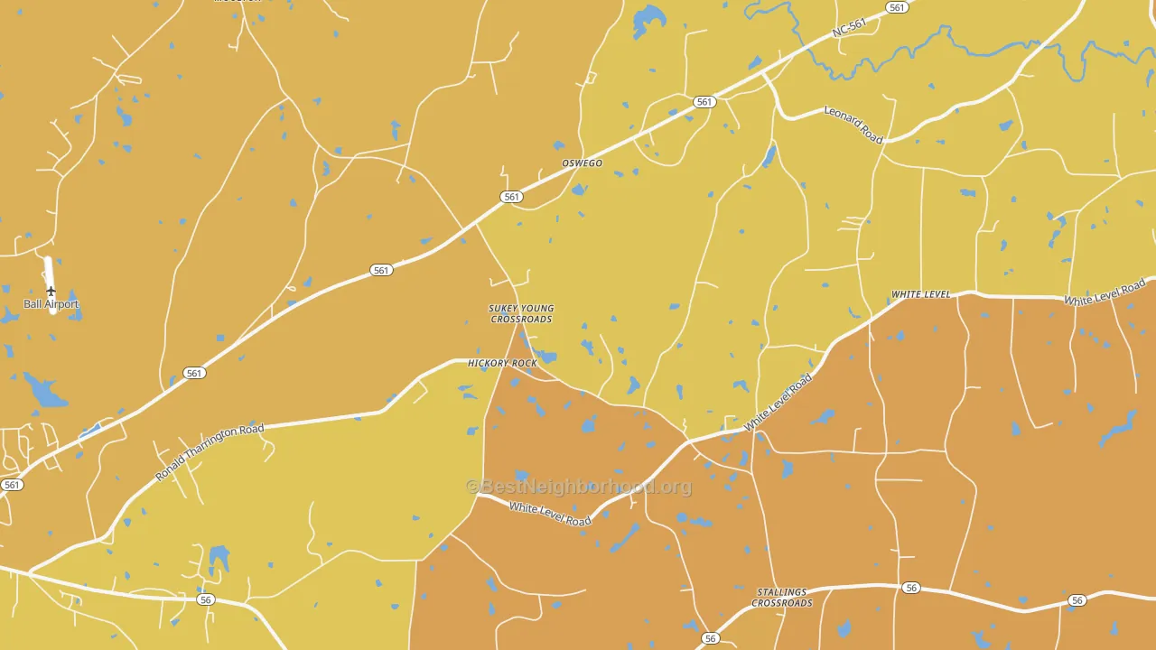 Map of the best neighborhoods in the Hickory Rock area, with better matches in green and worse matches in red