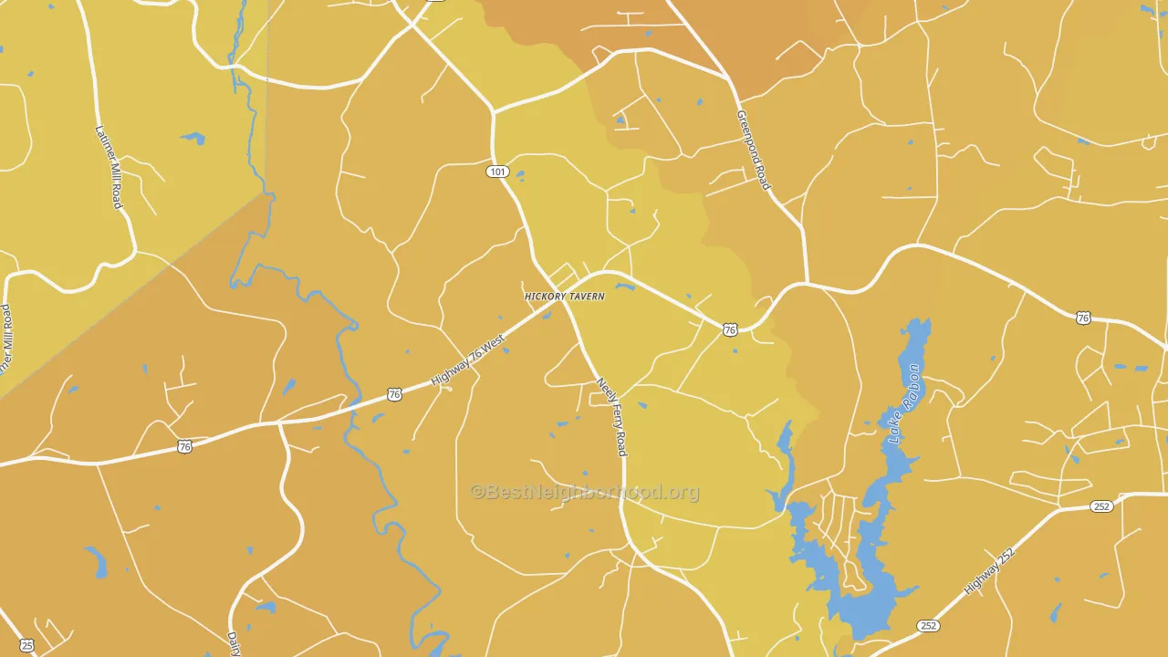 Map of the best neighborhoods in the Hickory Tavern area, with better matches in green and worse matches in red