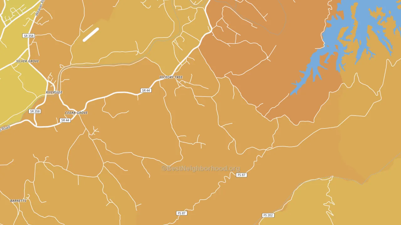 Map of the best neighborhoods in the Hickory Tree area, with better matches in green and worse matches in red