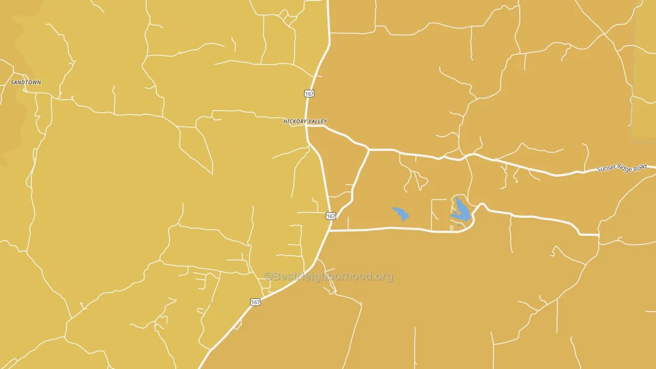Map of the best neighborhoods in the Hickory Valley area, with better matches in green and worse matches in red