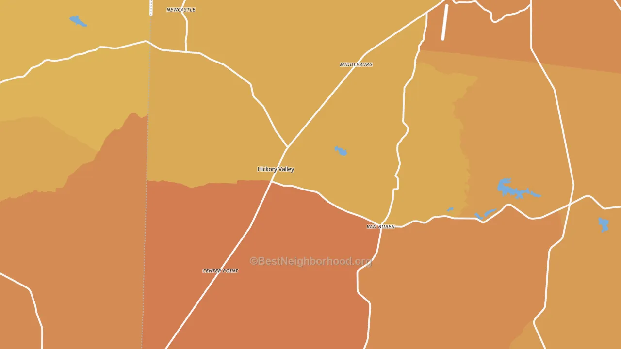 Map of the best neighborhoods in the Hickory Valley area, with better matches in green and worse matches in red
