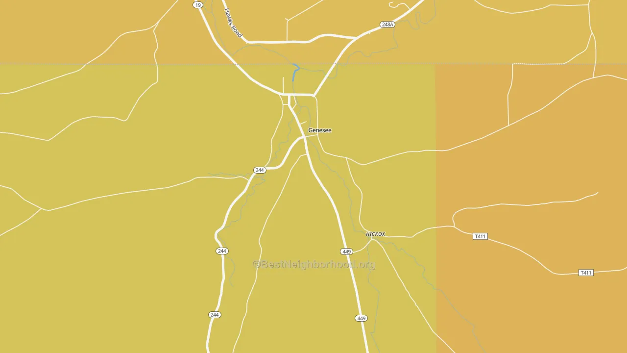 Map of the best neighborhoods in the Hickox area, with better matches in green and worse matches in red